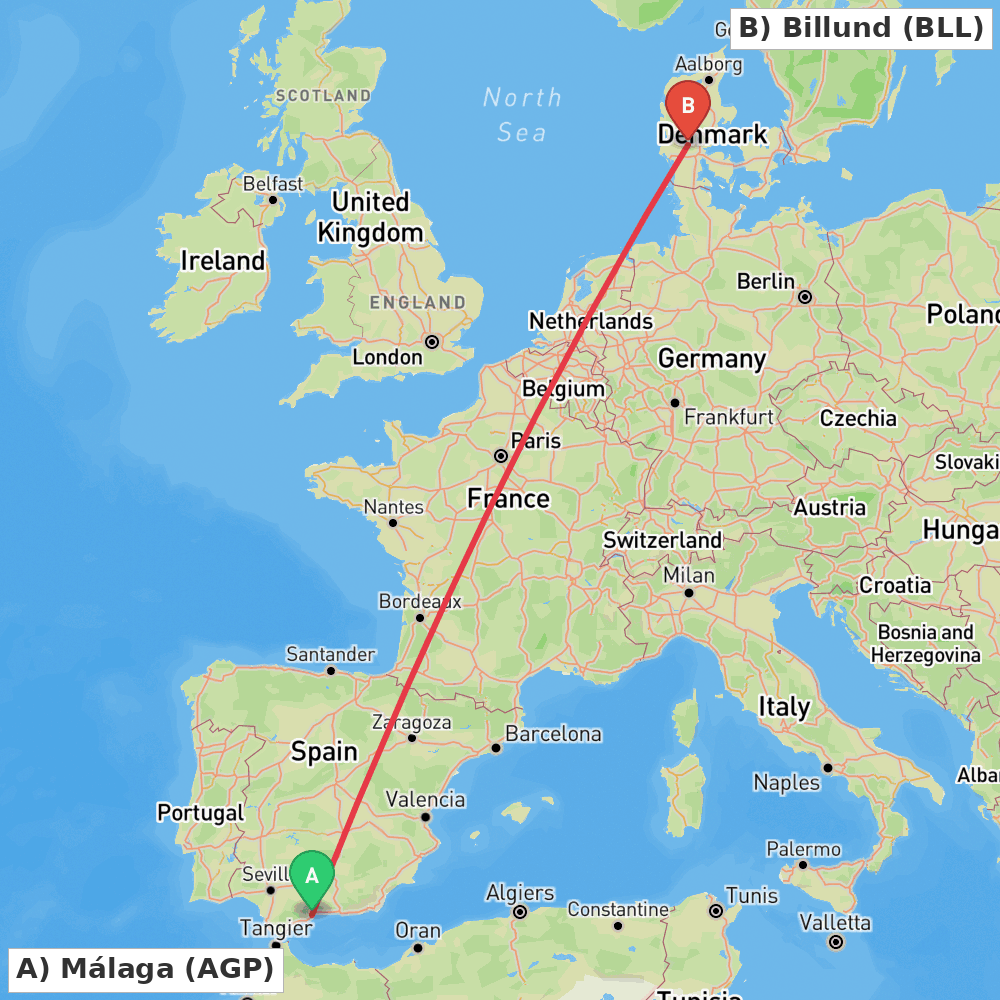 Flight route map from Málaga to Billund