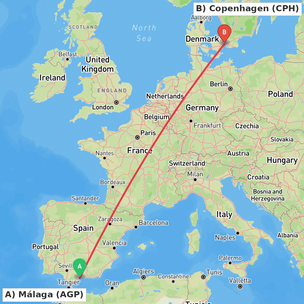 Flight route map from Málaga to Copenhagen