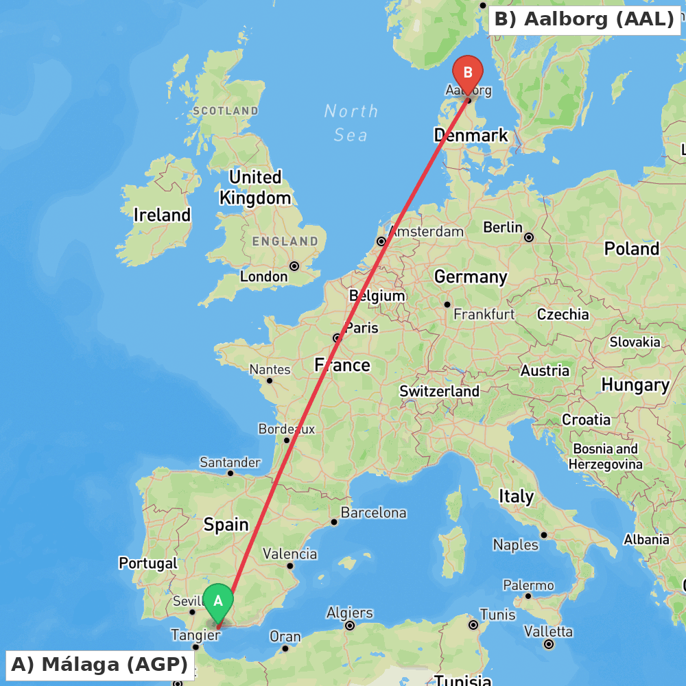 Flight route map from Málaga to Aalborg