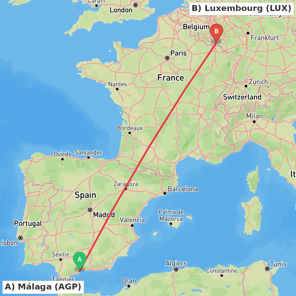 Flight route map from Málaga to Luxembourg