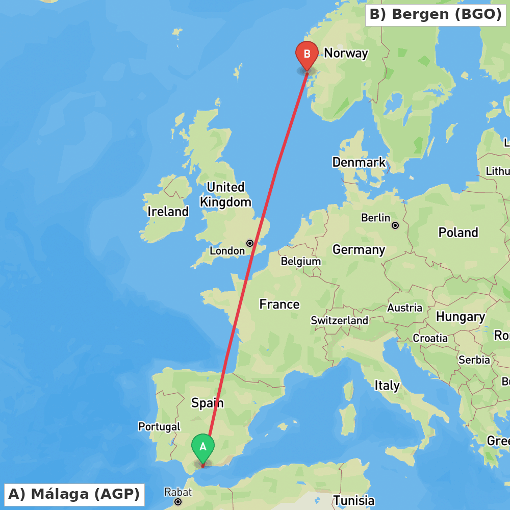 Flight route map from Málaga to Bergen