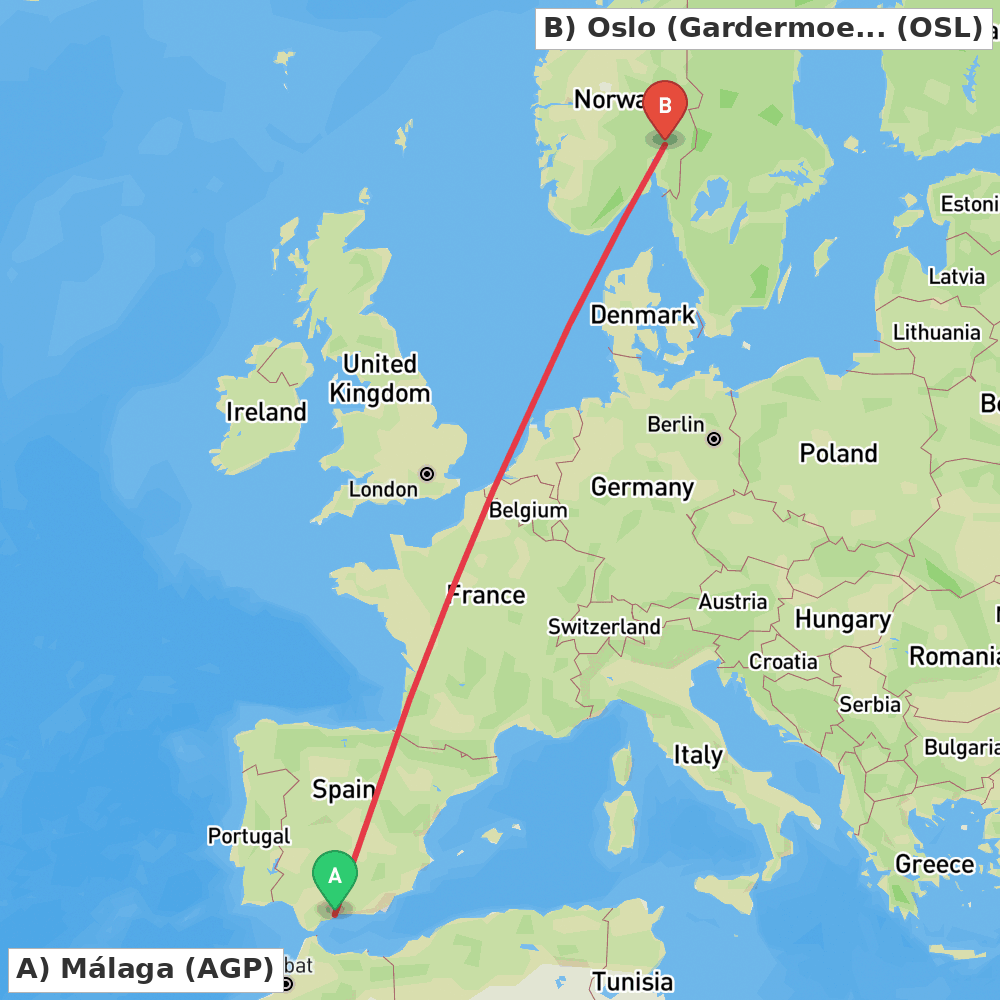 Flight route map from Málaga to Oslo (Gardermoen)