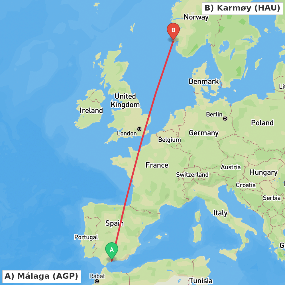 Flight route map from Málaga to Karmøy