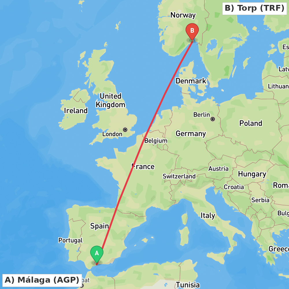 Flight route map from Málaga to Torp