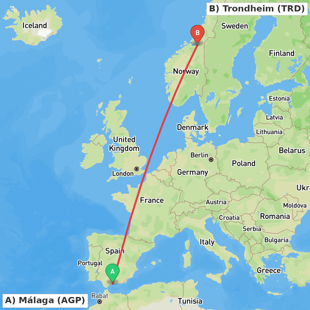 Flight route map from Málaga to Trondheim