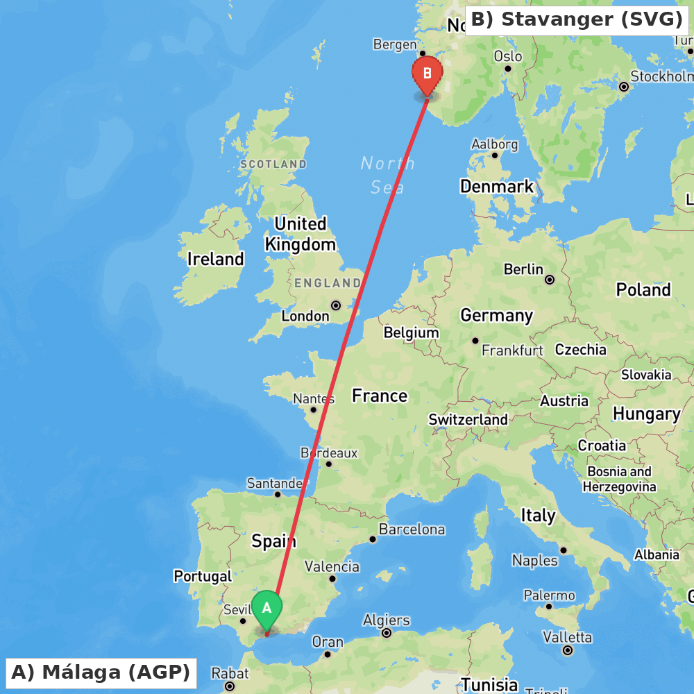 Flight route map from Málaga to Stavanger