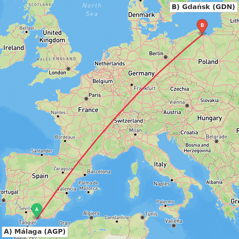 Flight route map from Málaga to Gdańsk