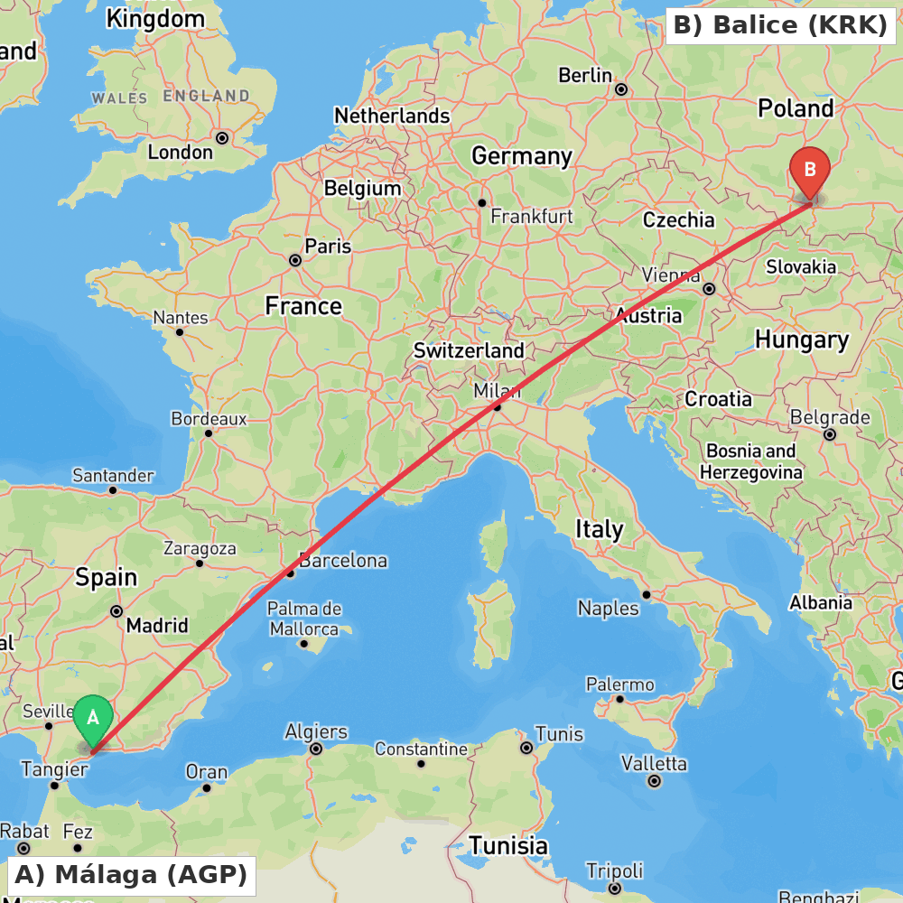 Flight route map from Málaga to Balice
