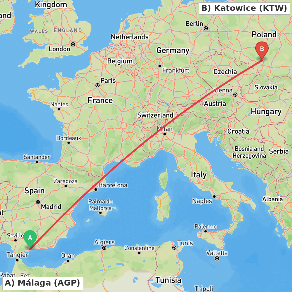 Flight route map from Málaga to Katowice