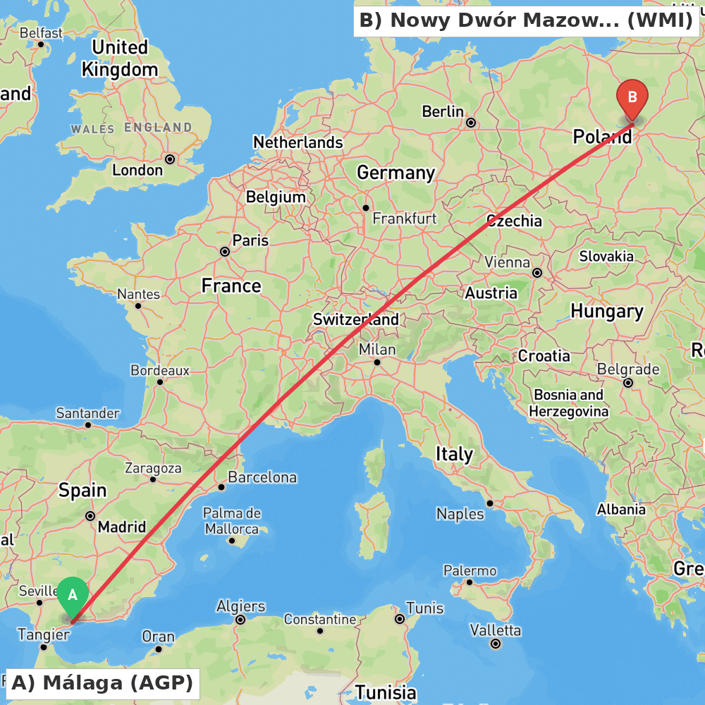 Flight route map from Málaga to Nowy Dwór Mazowiecki
