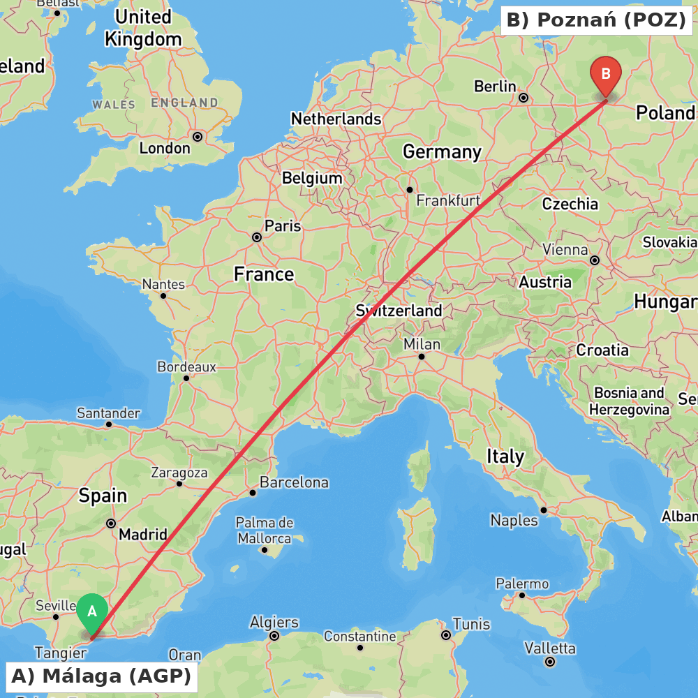 Flight route map from Málaga to Poznań