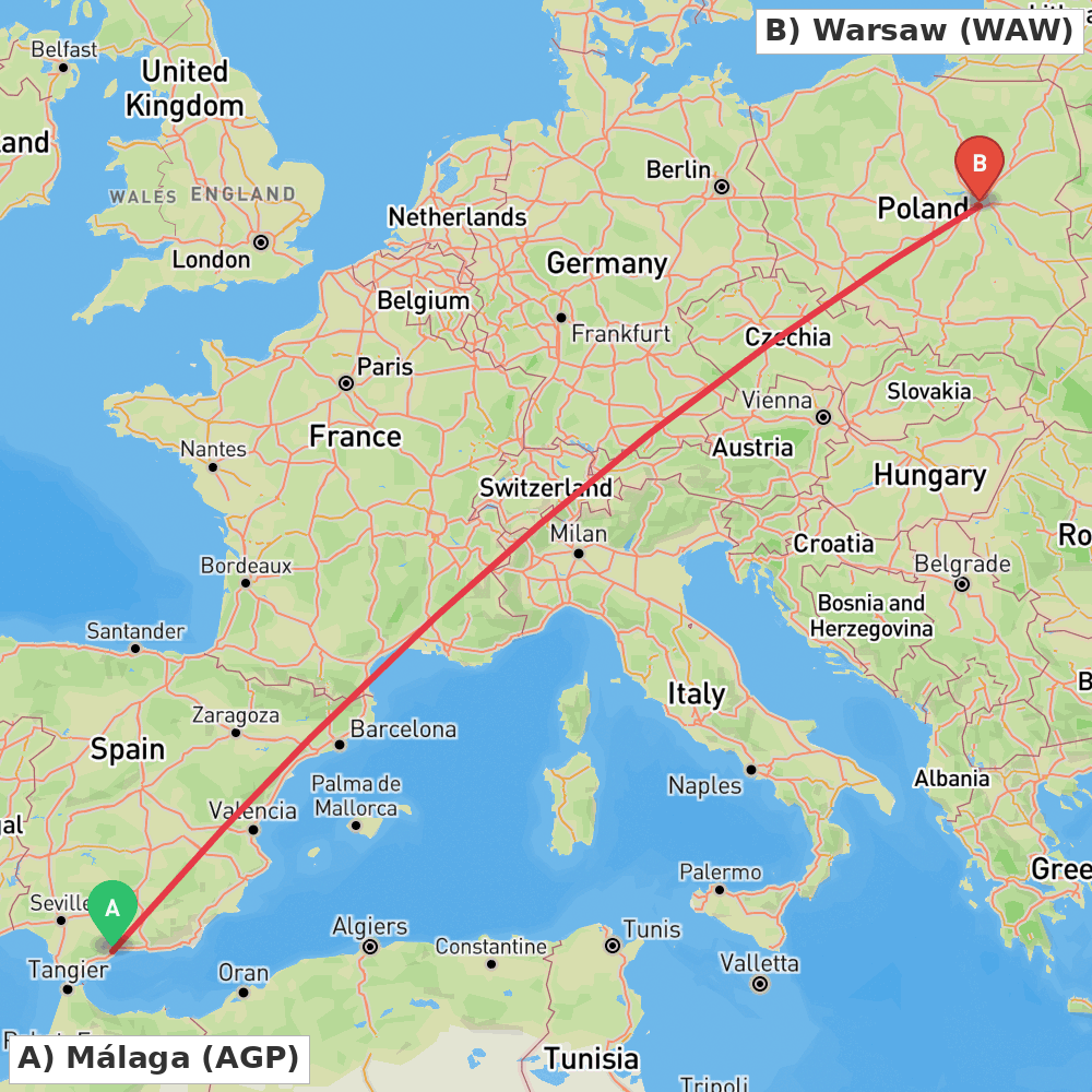 Flight route map from Málaga to Warsaw