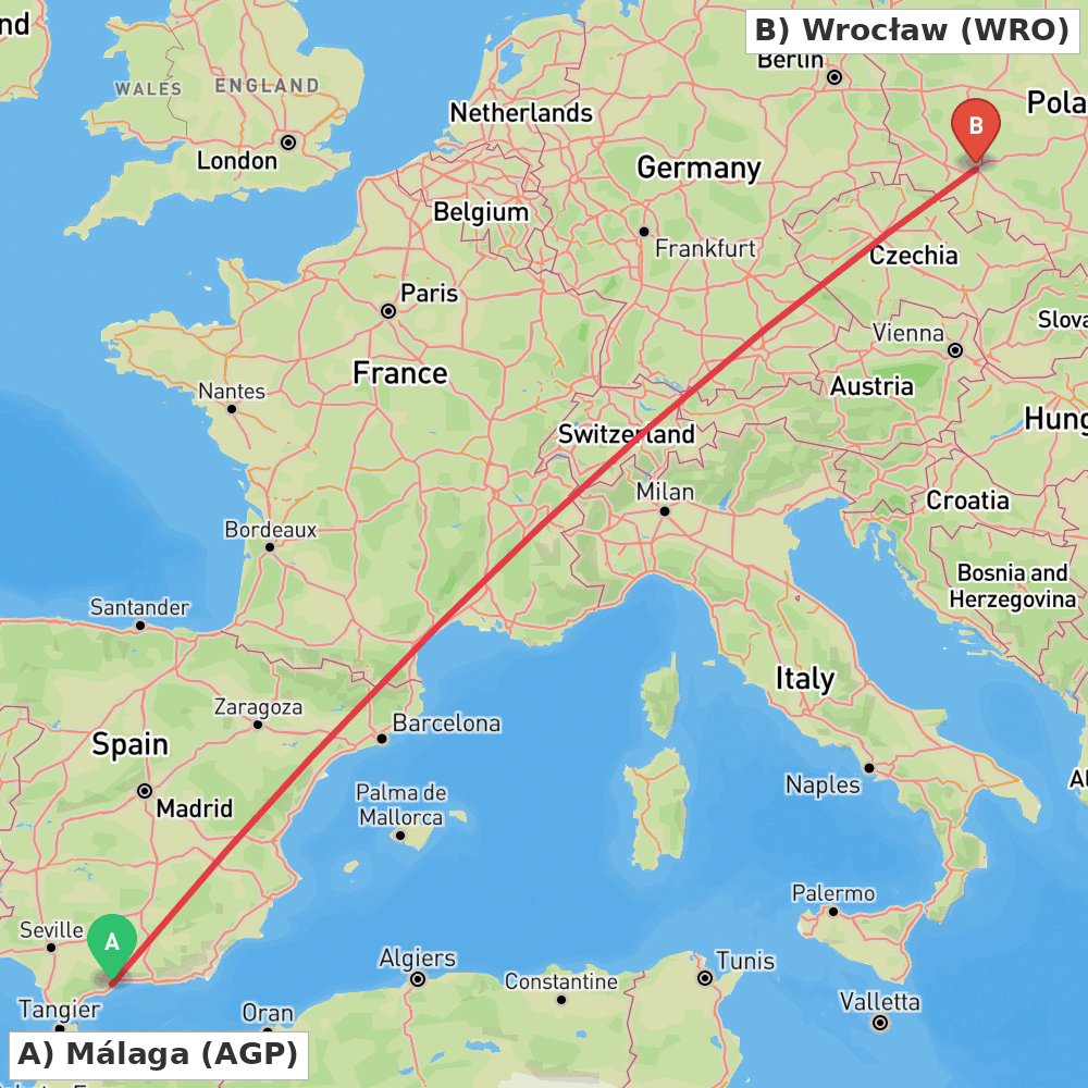 Flight route map from Málaga to Wrocław
