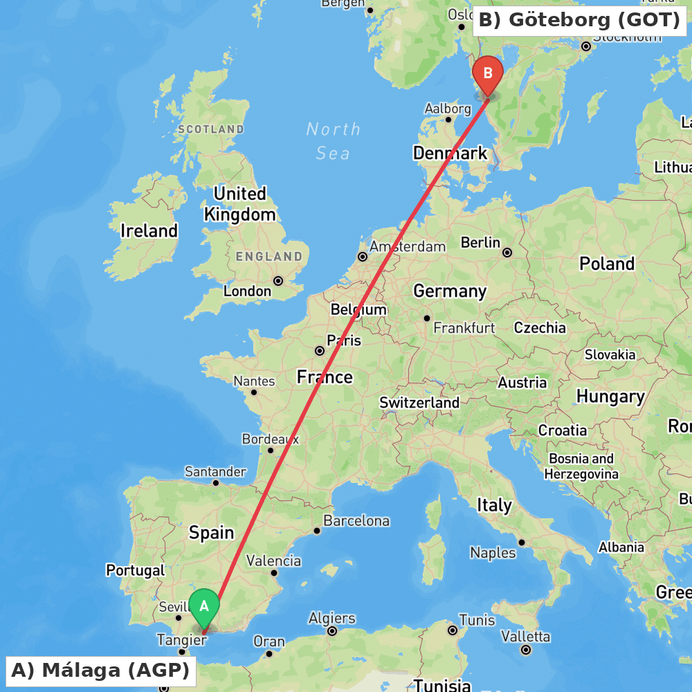 Flight route map from Málaga to Göteborg