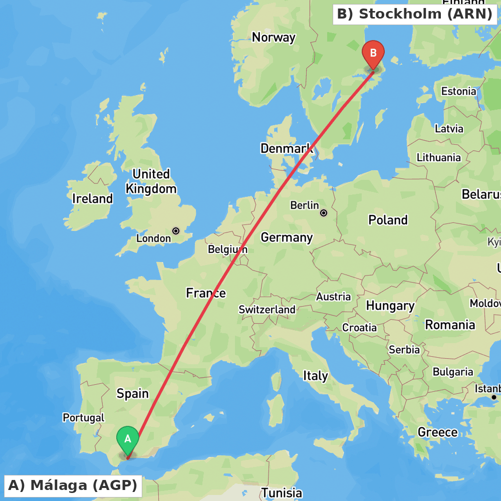 Flight route map from Málaga to Stockholm