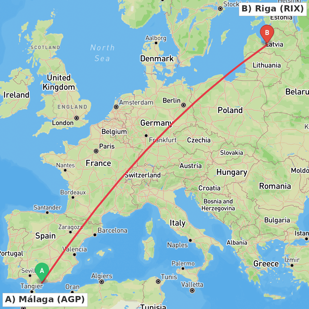 Flight route map from Málaga to Riga
