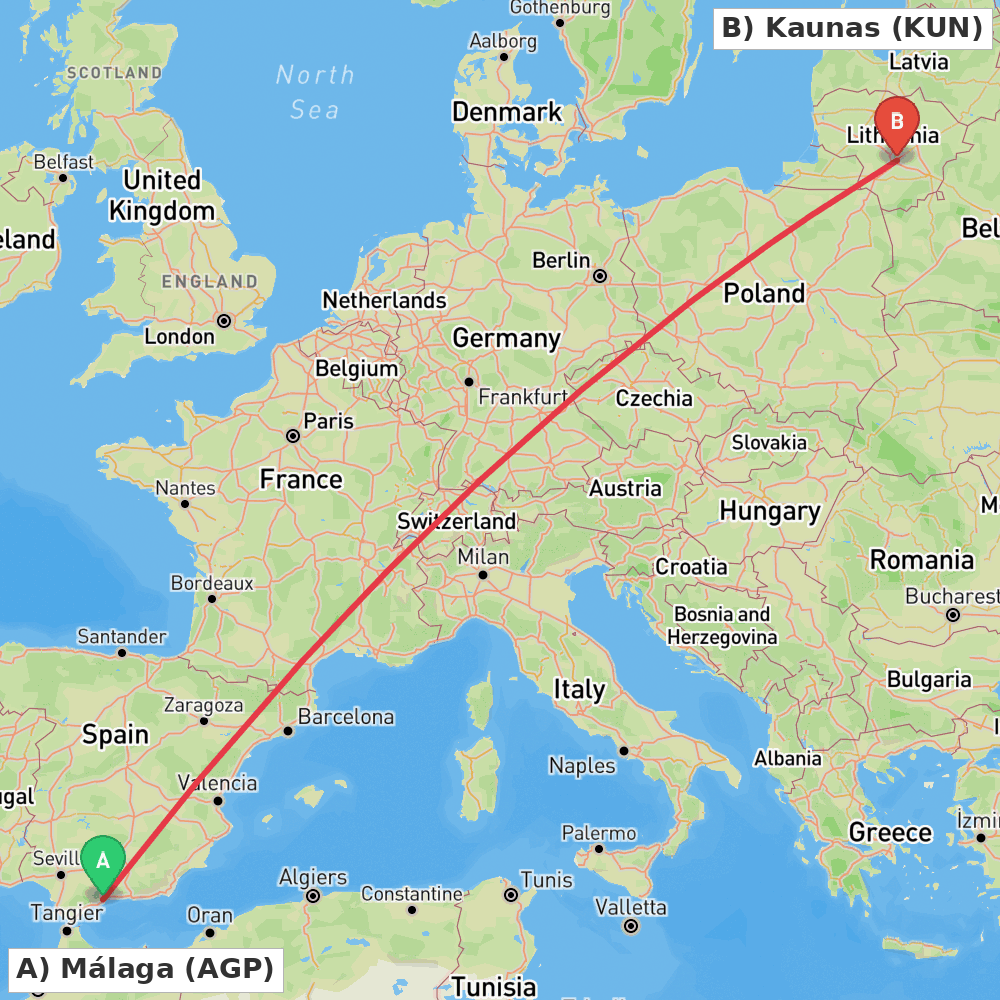 Flight route map from Málaga to Kaunas