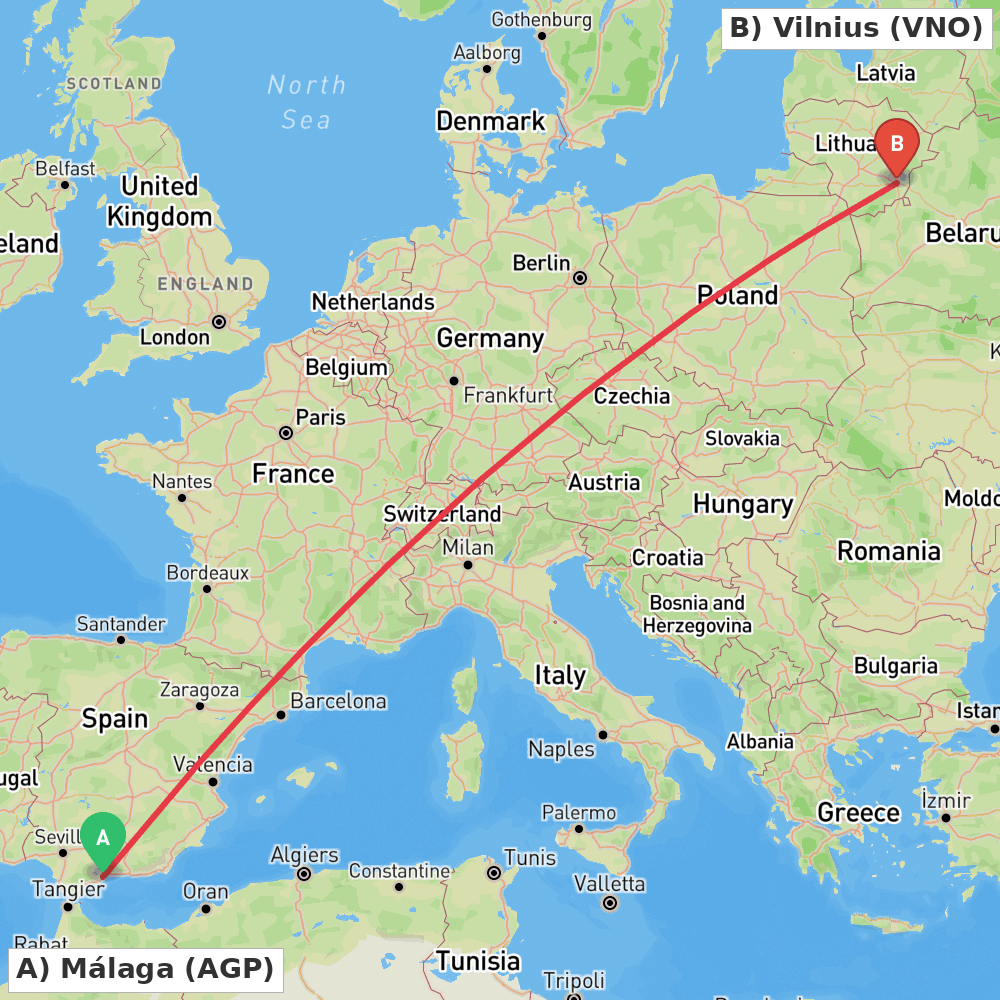 Flight route map from Málaga to Vilnius