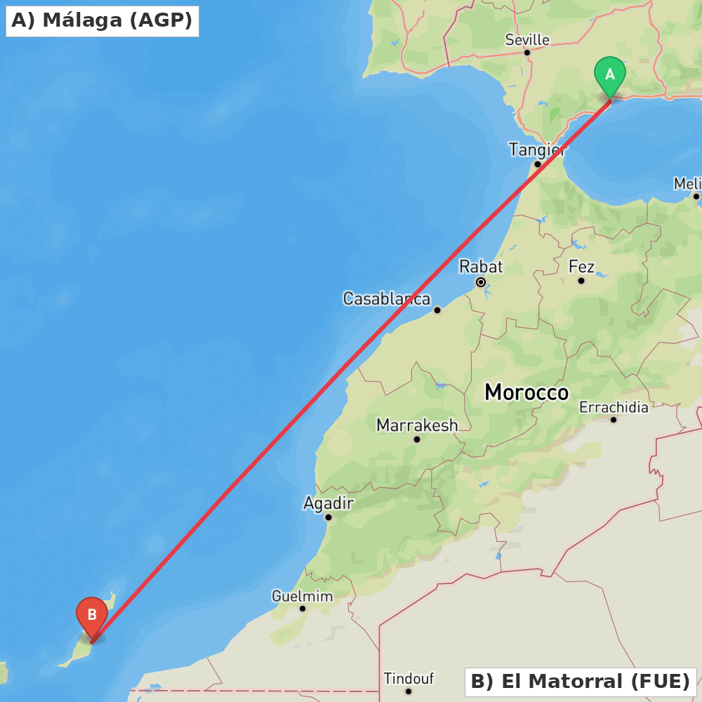 Flight route map from Málaga to El Matorral