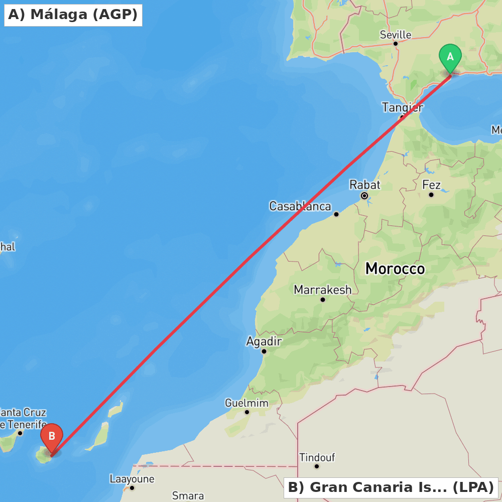 Flight route map from Málaga to Gran Canaria Island