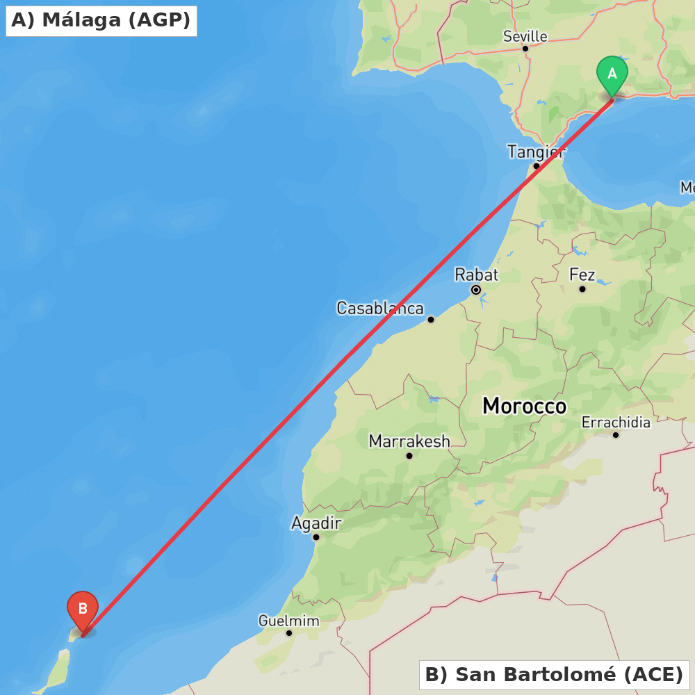 Flight route map from Málaga to San Bartolomé