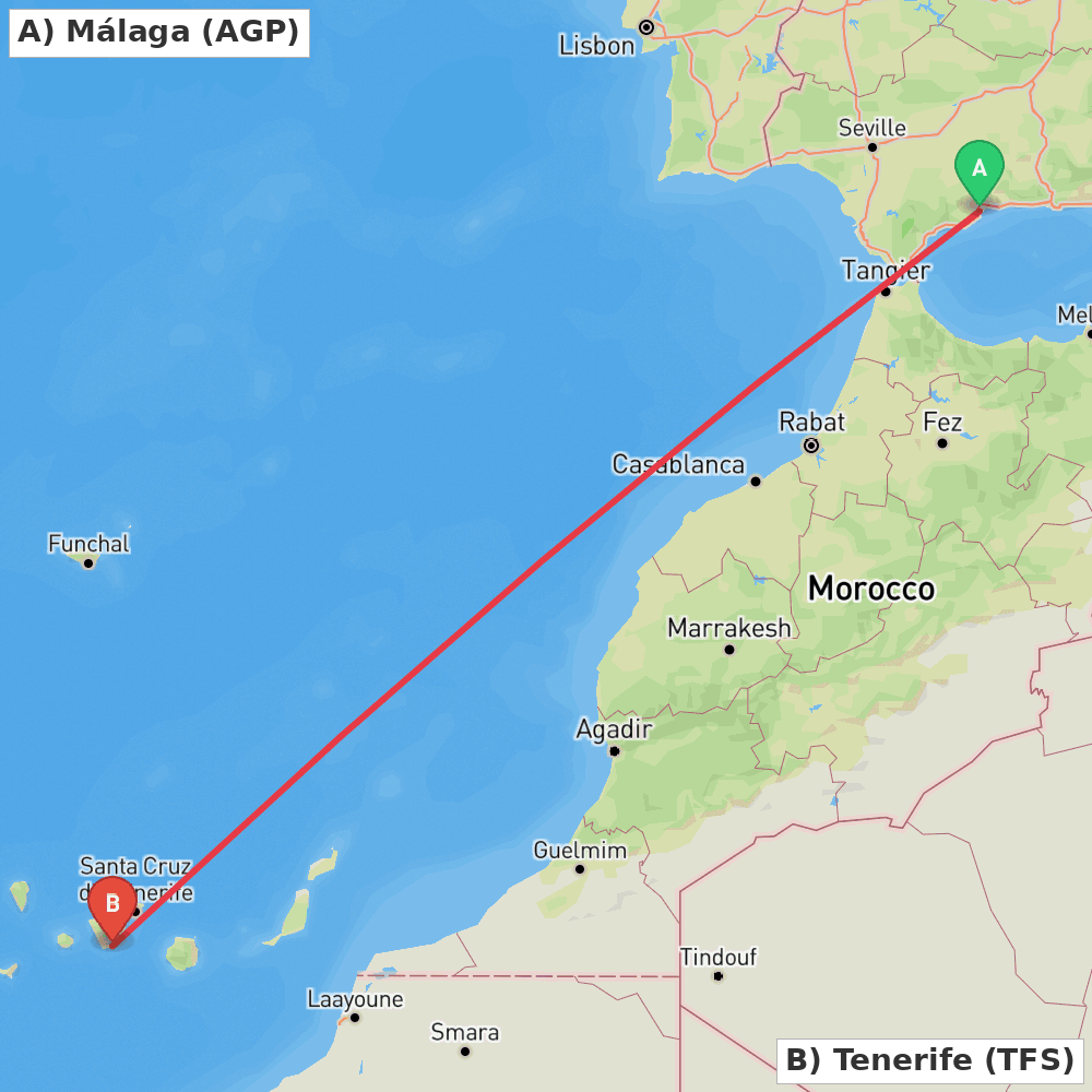 Flight route map from Málaga to Tenerife