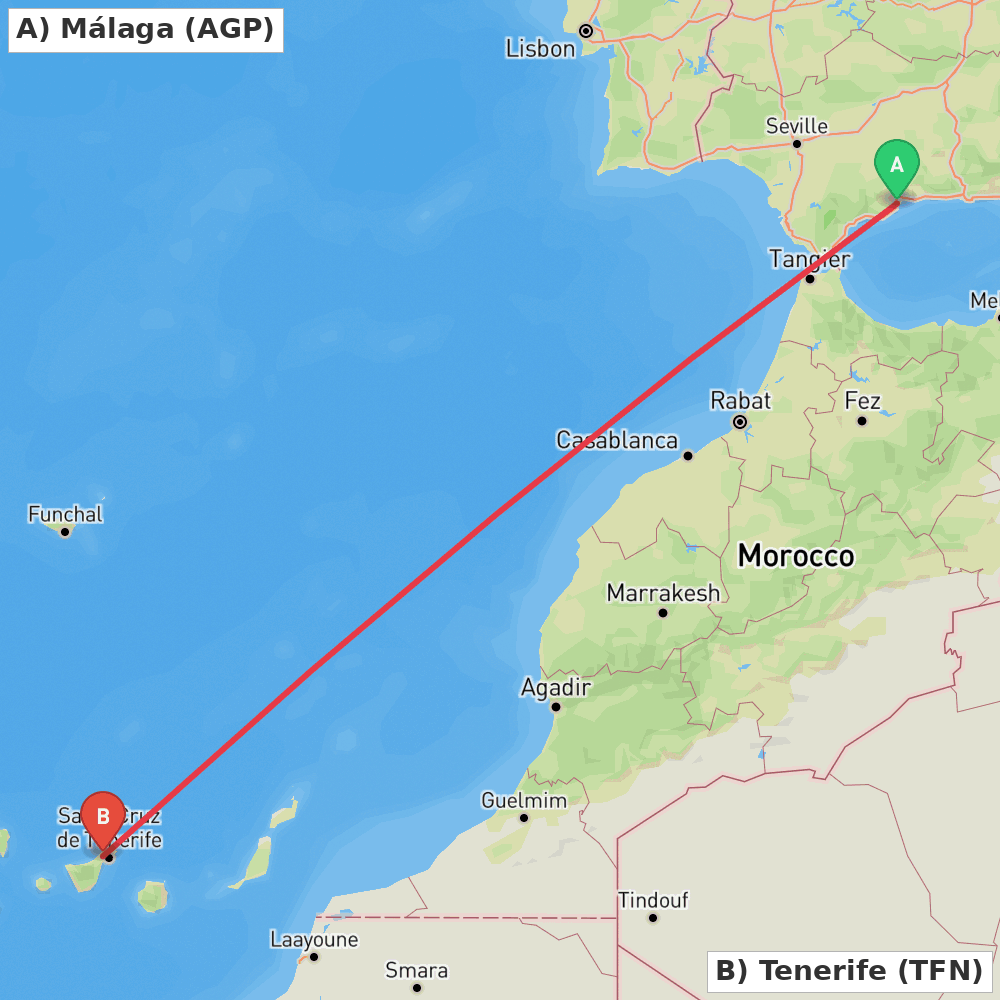 Flight route map from Málaga to Tenerife
