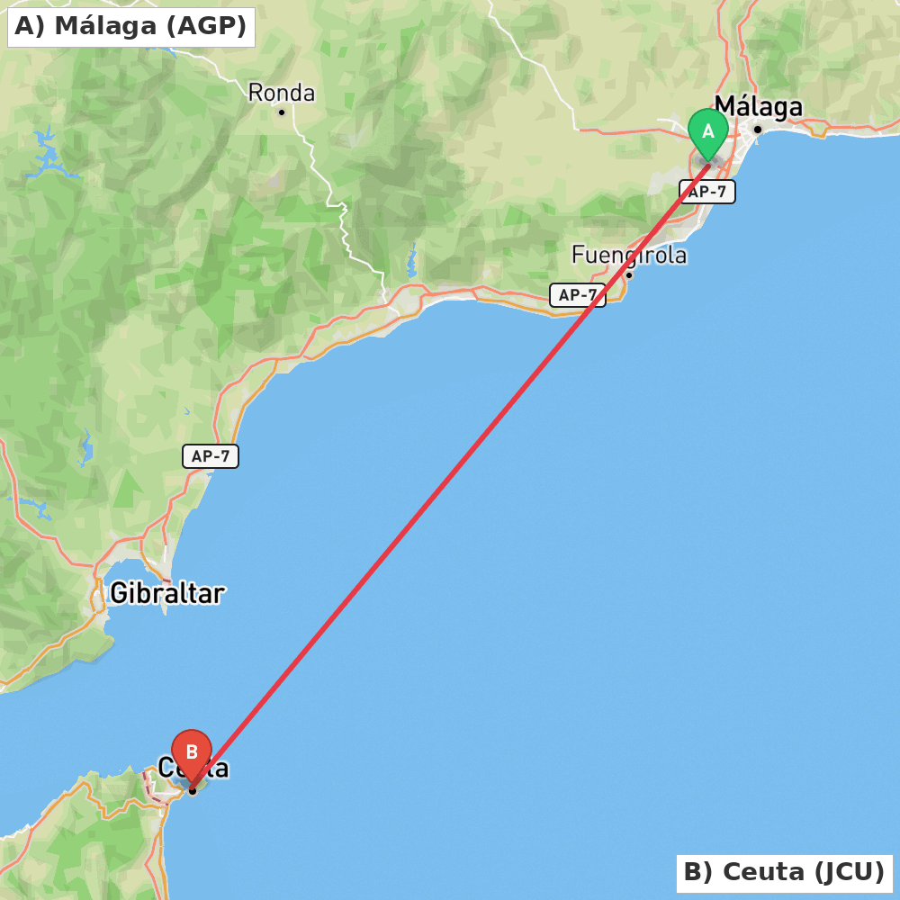 Flight route map from Málaga to Ceuta
