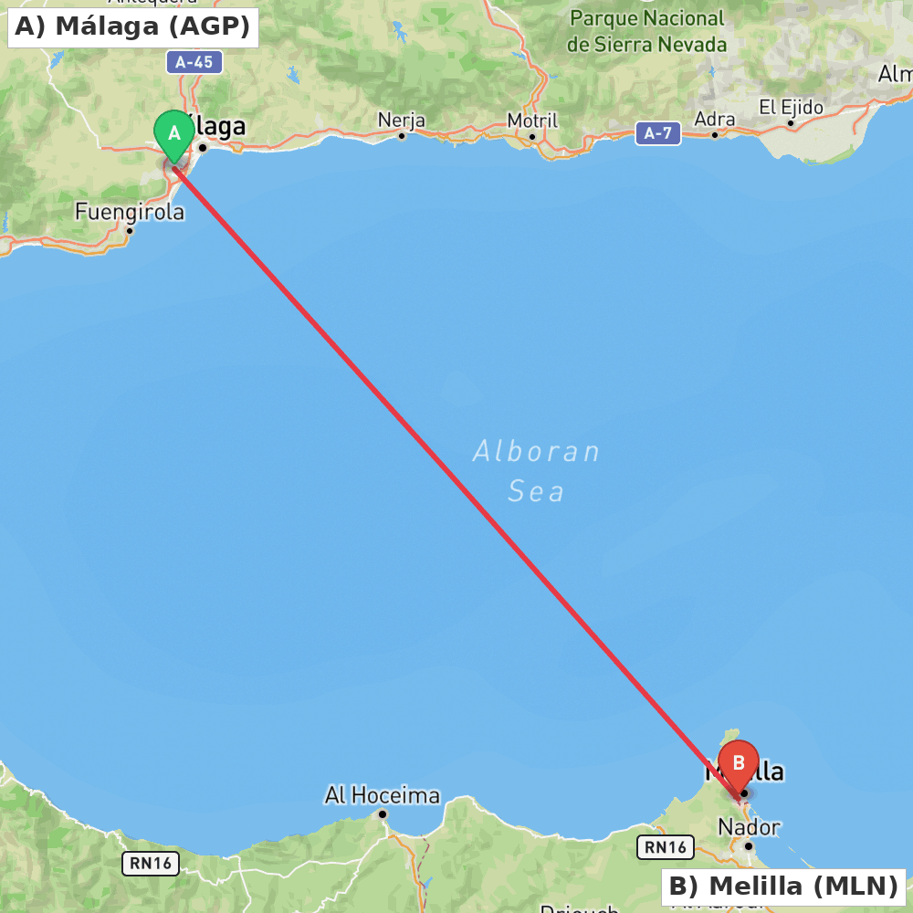 Flight route map from Málaga to Melilla