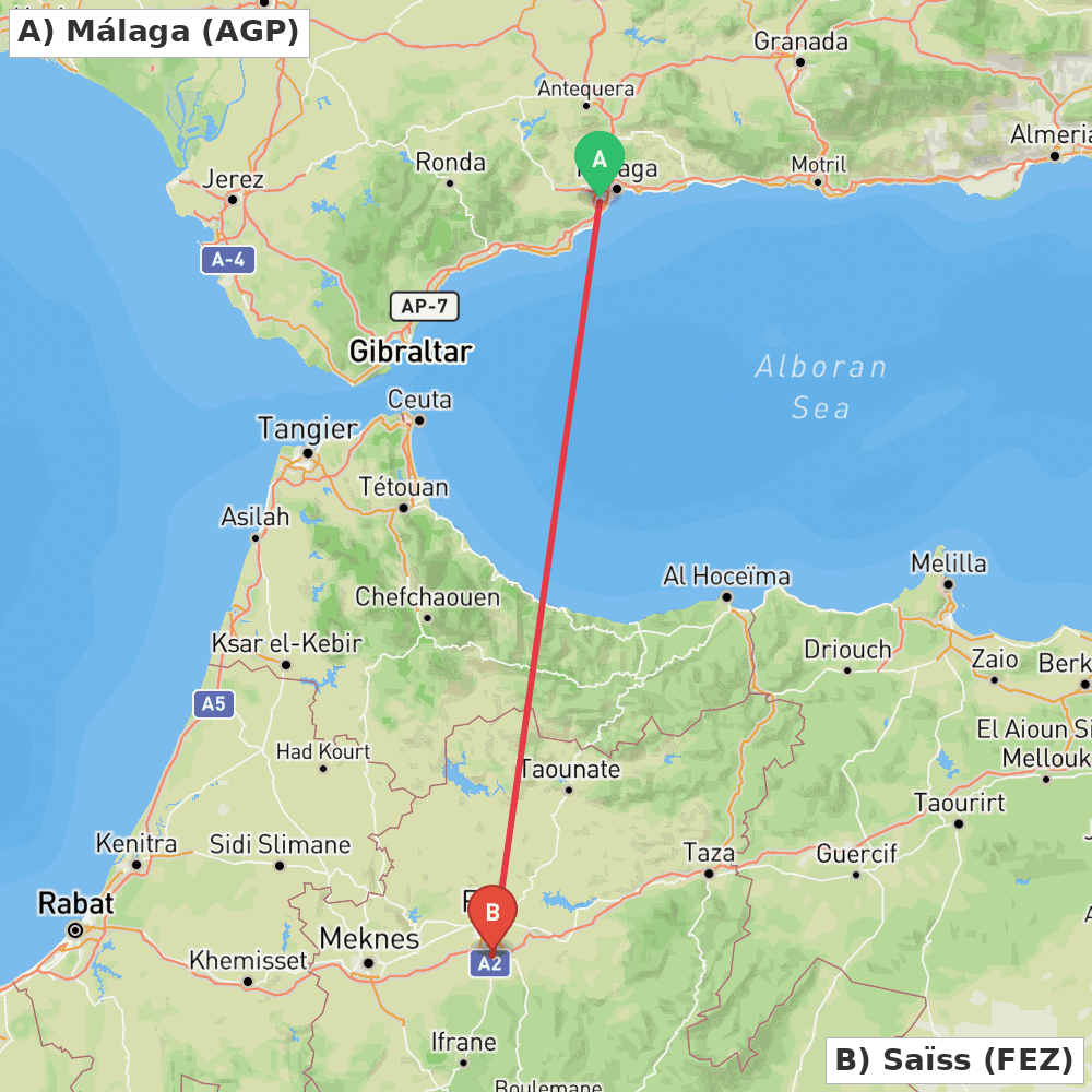Flight route map from Málaga to Saïss