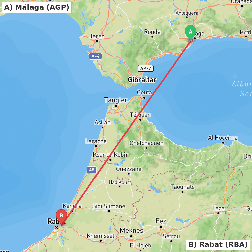 Flight route map from Málaga to Rabat