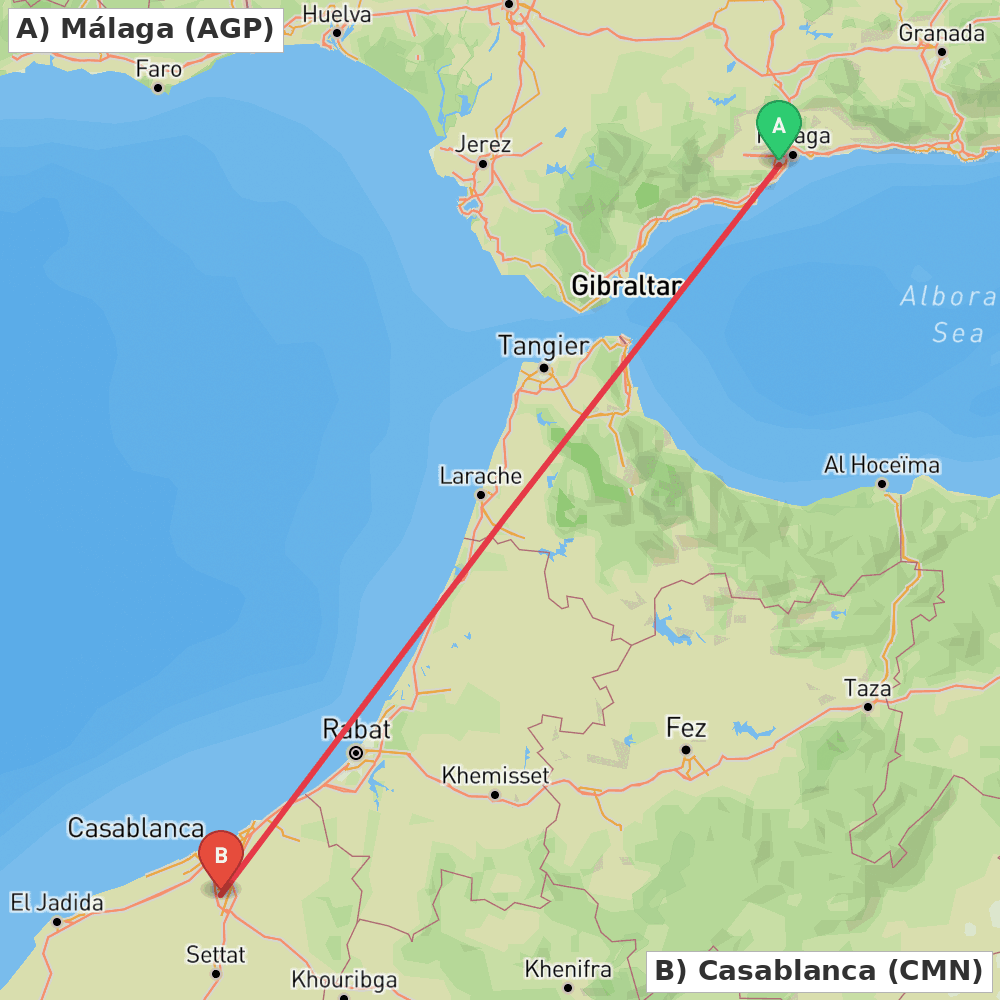 Flight route map from Málaga to Casablanca