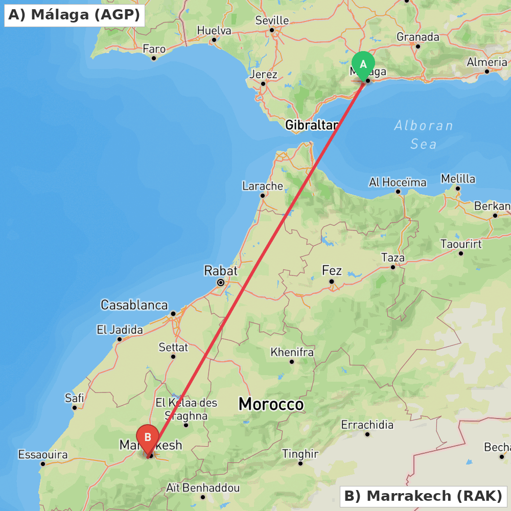 Flight route map from Málaga to Marrakech