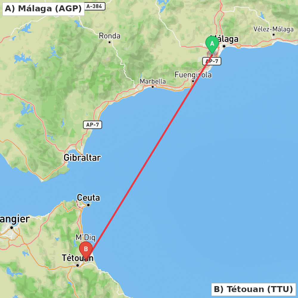 Flight route map from Málaga to Tétouan
