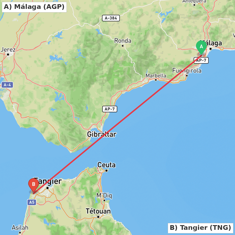 Flight route map from Málaga to Tangier