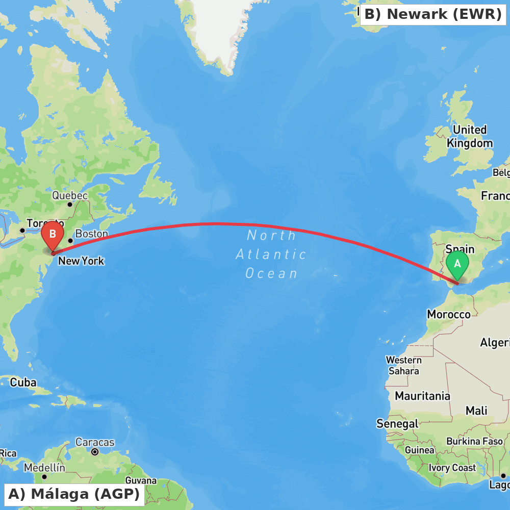 Flight route map from Málaga to Newark
