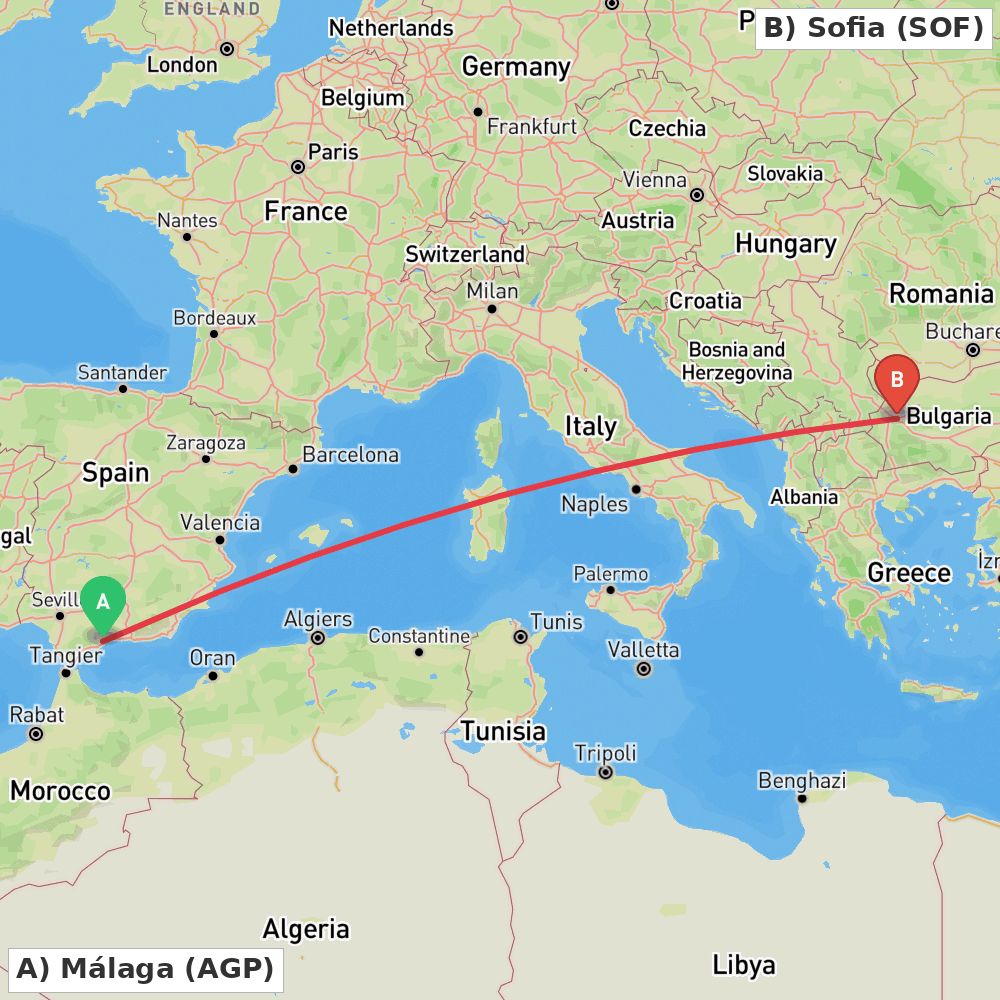 Flight route map from Málaga to Sofia