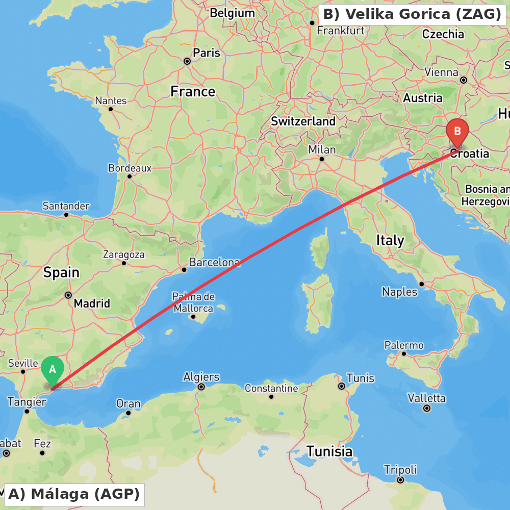 Flight route map from Málaga to Velika Gorica