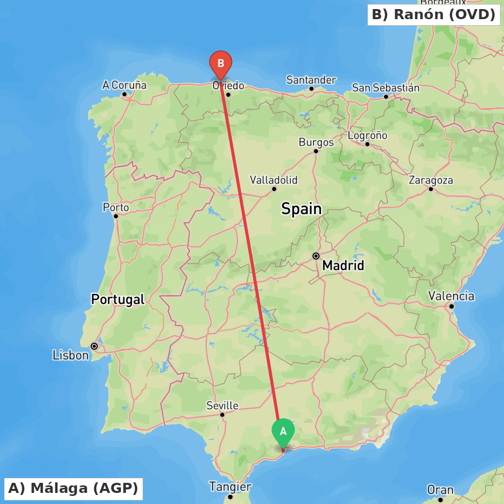 Flight route map from Málaga to Ranón