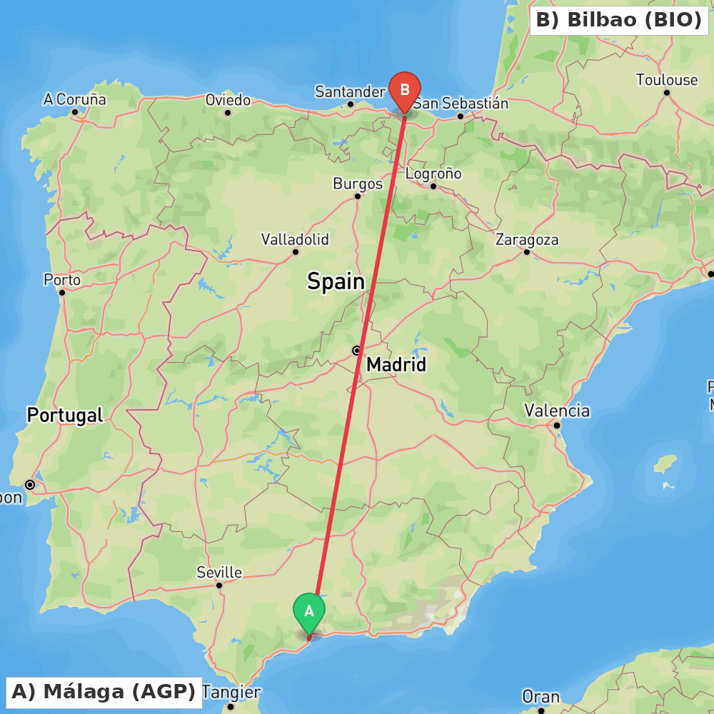 Flight route map from Málaga to Bilbao