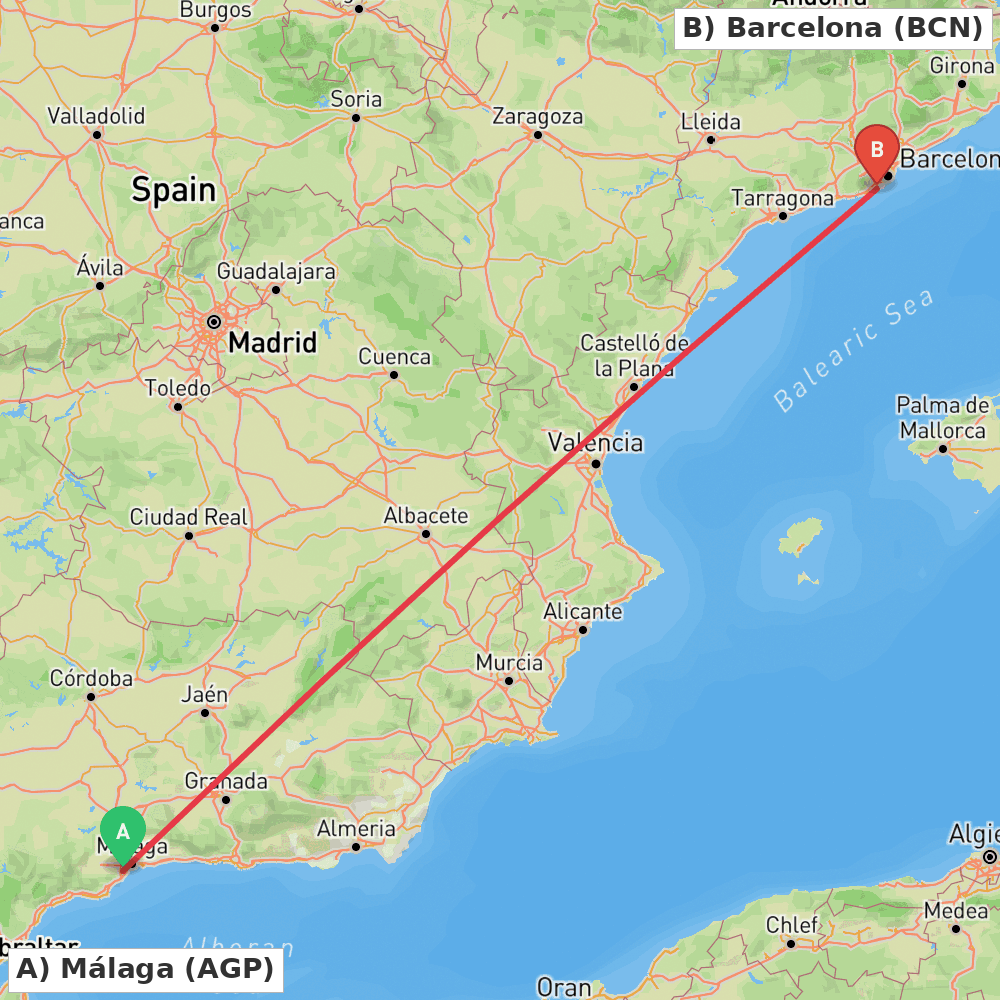 Flight route map from Málaga to Barcelona