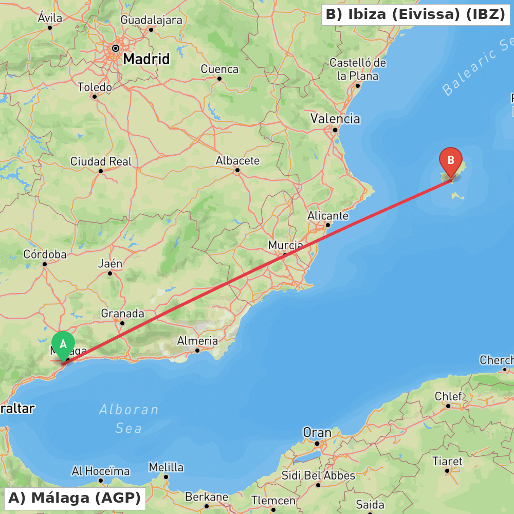 Flight route map from Málaga to Ibiza (Eivissa)