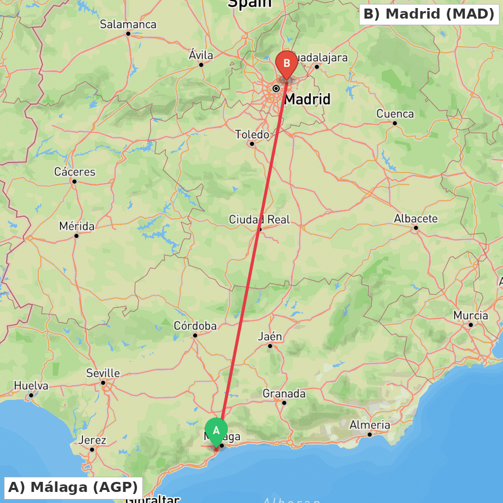 Flight route map from Málaga to Madrid