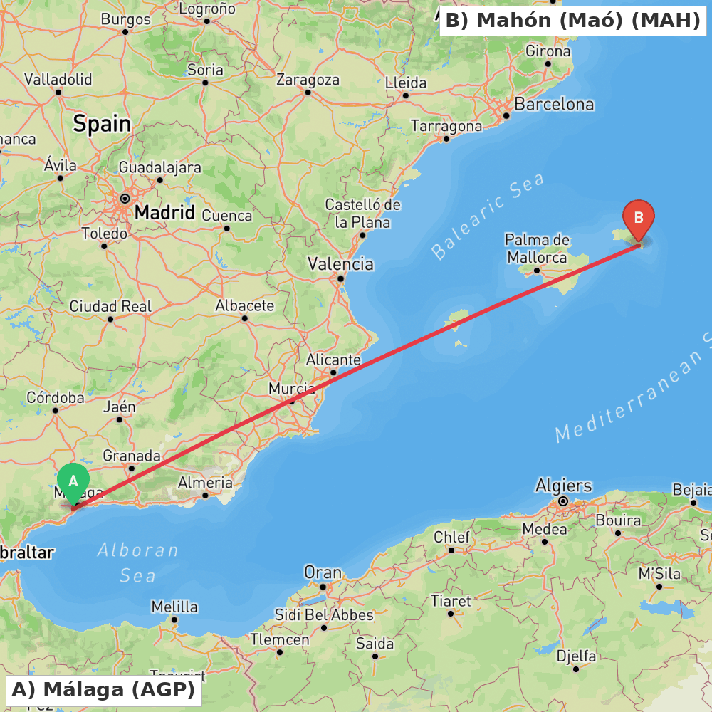 Flight route map from Málaga to Mahón (Maó)