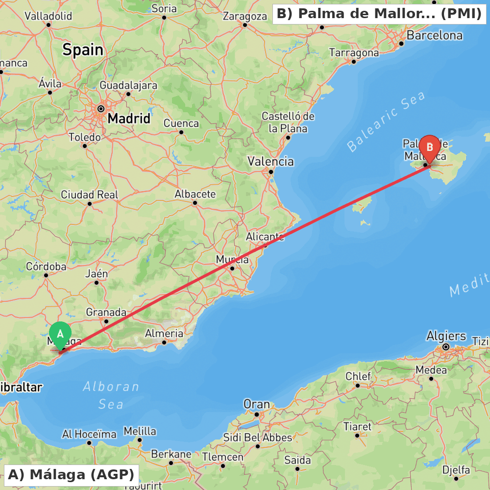 Flight route map from Málaga to Palma de Mallorca