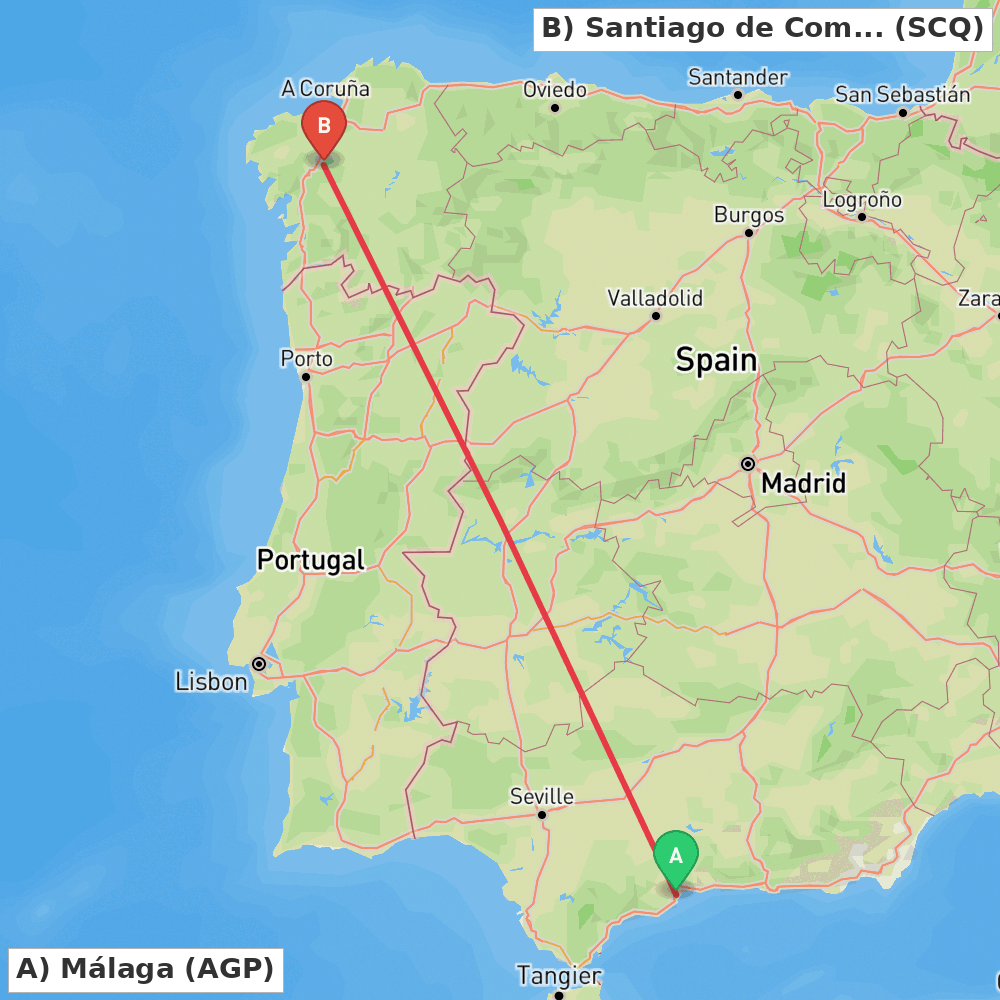 Flight route map from Málaga to Santiago de Compostela