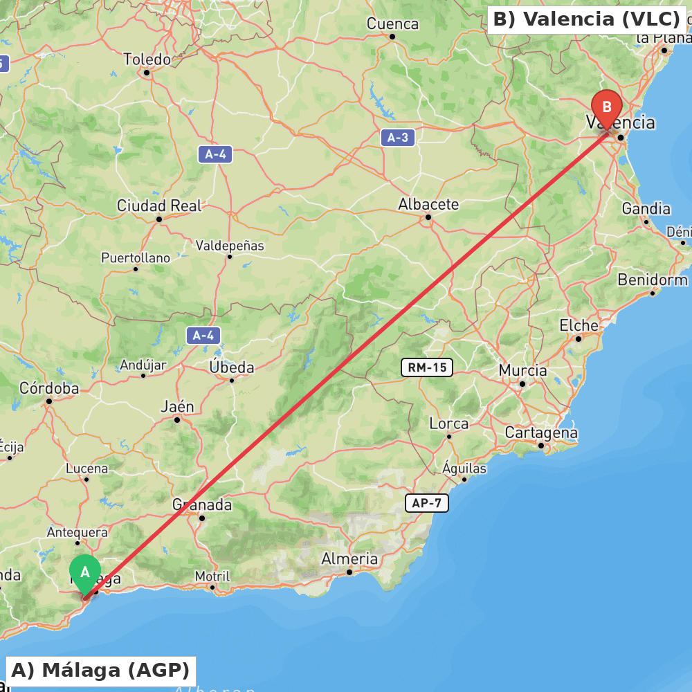 Flight route map from Málaga to Valencia