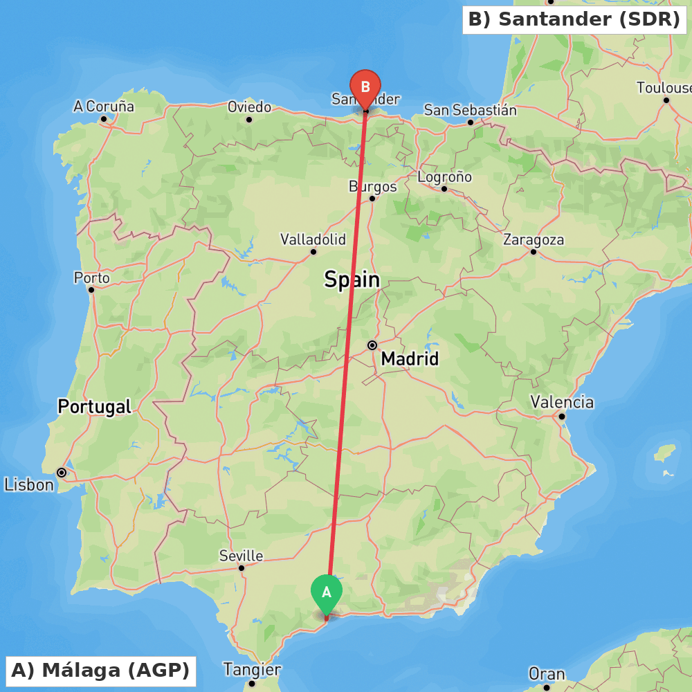 Flight route map from Málaga to Santander