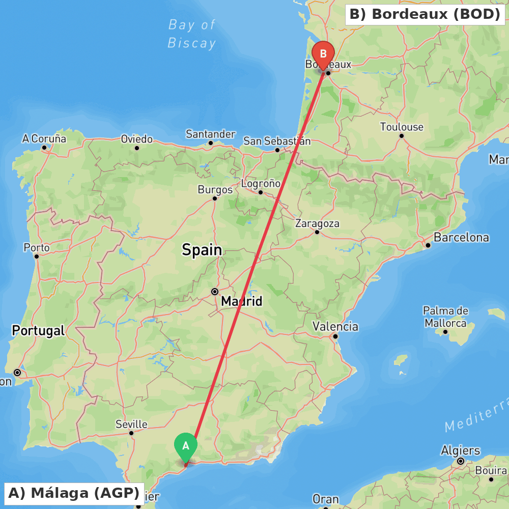 Flight route map from Málaga to Bordeaux