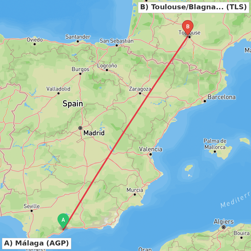 Flight route map from Málaga to Toulouse/Blagnac
